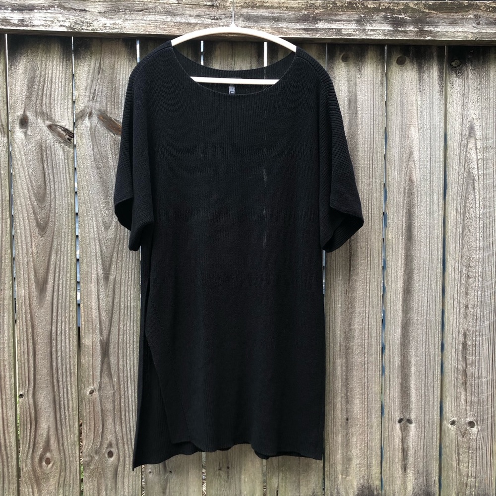Eileen Fisher Tunic Sweater Black Knit Side Slit Short Dolman Sleeves Size L